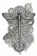 A dragonfly with psychedelic patterns intertwined with celtic knots tattoo design idea