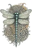 A dragonfly with psychedelic patterns intertwined with celtic knots tattoo design idea