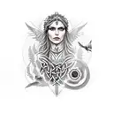 Sleeve tattoo with the Celtic goddess Morrigan with Crows and branches tattoo design idea