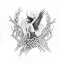  Sleeve tattoo with the Celtic goddess Morrigan with Crows and branches tattoo design idea