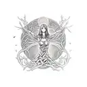  Sleeve tattoo with the Celtic goddess Morrigan with Crows and branches tattoo design idea