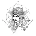  Sleeve tattoo with the Celtic goddess Morrigan with Crows tattoo design idea