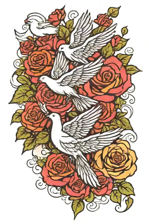 A text saying long live lesly with roses and clouds with 4 doves 2 doves on each side  tattoo design idea