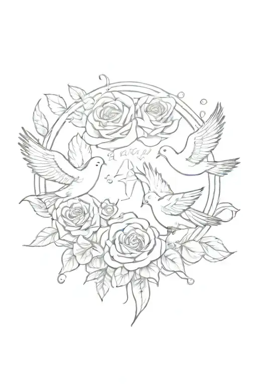 A text saying Long Live Lesly with roses and clouds with 4 doves 2 doves on each side  tattoo design idea