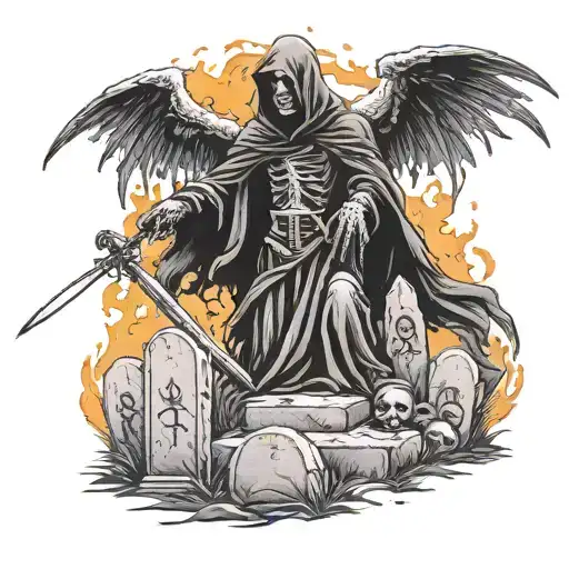 grim reaper and hill surrounded by gravestones a d ground breaking up with fire tattoo design idea