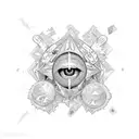 third eye inside triangle, love, friendship, heart, money, virgo, neptune, alien, drug mushrooms, weed leaf,  tattoo design idea
