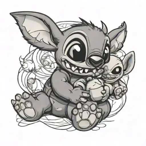 stitch from lilo and stitch holding a teddy bear and stitch has a creepy amile tattoo design idea