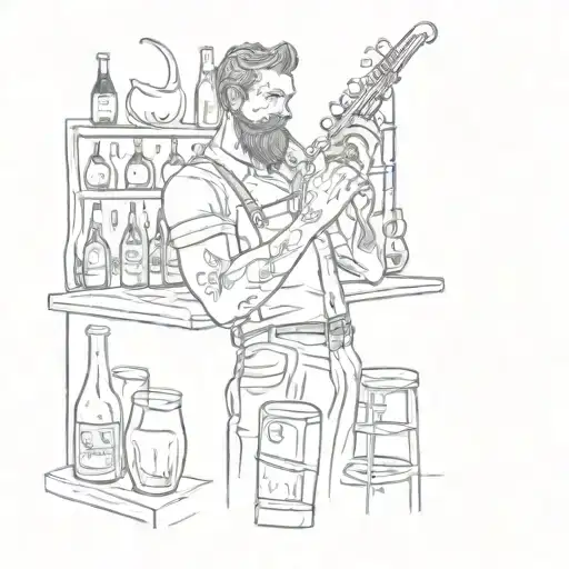 A sketch-style tattoo of a bartender mixing drinks with musical instruments scattered around them tattoo design idea