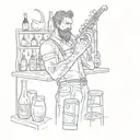 A sketch-style tattoo of a bartender mixing drinks with musical instruments scattered around them tattoo design idea
