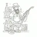 A sketch-style tattoo of a bartender mixing drinks with musical instruments scattered around them tattoo design idea