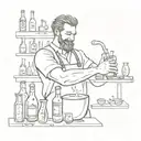 A sketch-style tattoo of a bartender mixing drinks with musical instruments scattered around them tattoo design idea