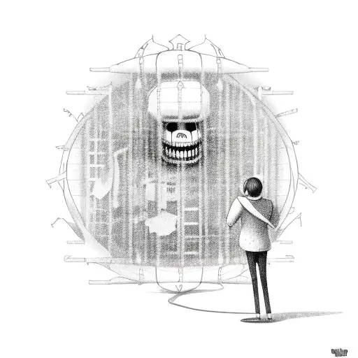 A creepy video game character surrounded by stock market charts as if trapped in a virtual nightmare tattoo design idea