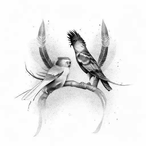 Cockatiel surrounded by delicate black and grey feathers tattoo design idea