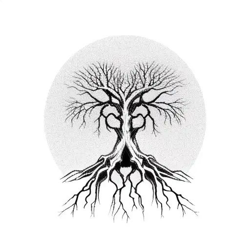 A hauntingly beautiful tree of life with roots shaped like a skeletal hand tattoo design idea