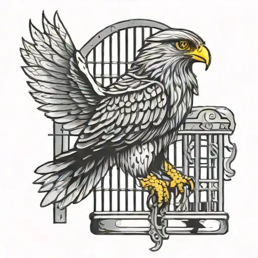 a hawk locked in a jail cell with bars tattoo design idea
