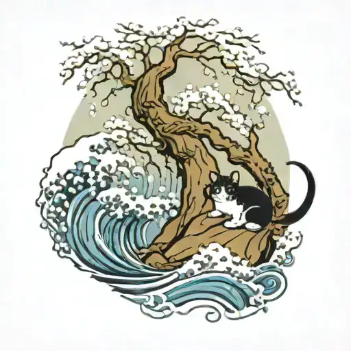 Big wave, birch tree, small cat, snow tattoo design idea