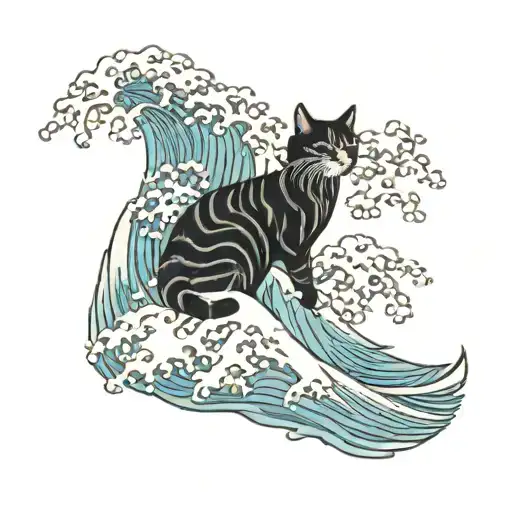 Big wave, birch tree, small cat, snow tattoo design idea