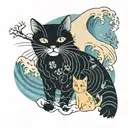 Big wave, birch tree, small cat, snow tattoo design idea