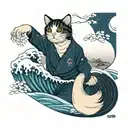 Big wave, birch tree, small cat, snow tattoo design idea