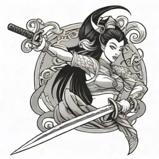 mushu, mulan y grillo, with a sword cutting hair of mulan tattoo design idea