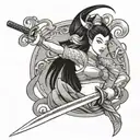 mushu, mulan y grillo, with a sword cutting hair of mulan tattoo design idea