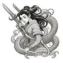 mushu, mulan y grillo, with a sword cutting hair of mulan tattoo design idea