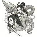 mushu, mulan y grillo, with a sword cutting hair of mulan tattoo design idea