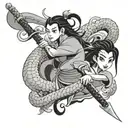 mushu, mulan y grillo, with a sword cutting hair of mulan tattoo design idea