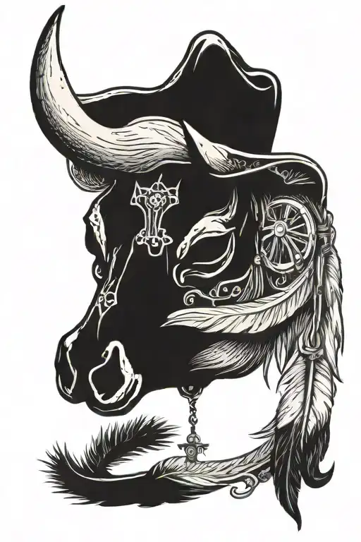 western bull skull with feathers that says lonesome but happy rich but I'm broke   tattoo design idea