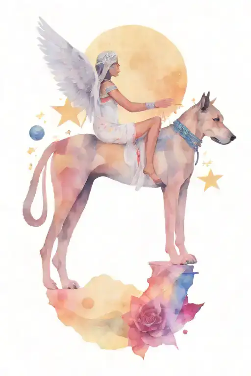 Isis the godess of egypt, with a backgroud of planets and stars with two egyptian dog at the feet  tattoo design idea