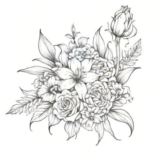 bouquet of  lily, rose, iris, hydrangea peony, and  gerber daisies tattoo design idea