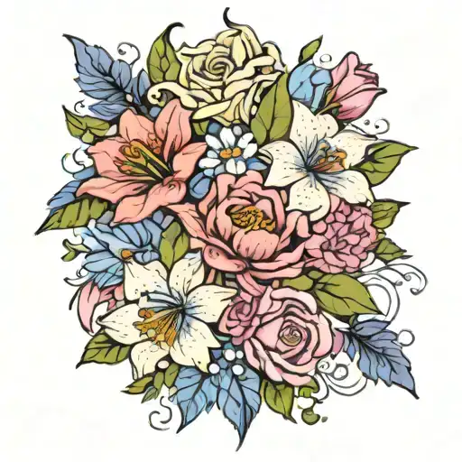bouquet of  lily, rose, iris, hydrangea peony, and  gerber daisies tattoo design idea
