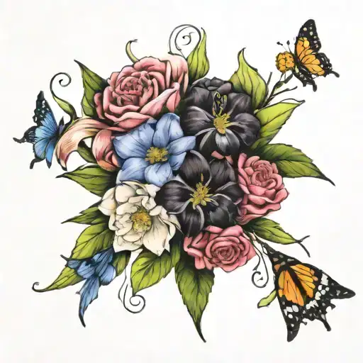 bouquet of  lily, rose, iris, hydrangea peony, and  gerber daisies tattoo design idea