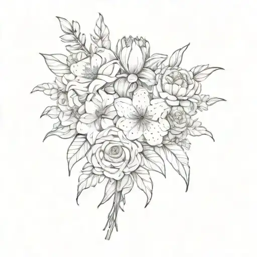 bouquet of  lily, rose, iris, hydrangea peony, and  gerber daisies tattoo design idea