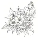bouquet of  lily, rose, iris, hydrangea peony, and  gerber daisies tattoo design idea