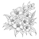 bouquet of  lily, rose, iris, hydrangea peony, and  gerber daisies tattoo design idea