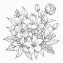 bouquet of  lily, rose, iris, hydrangea peony, and  gerber daisies tattoo design idea