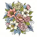 bouquet of  lily, rose, iris, hydrangea peony, and  gerber daisies tattoo design idea