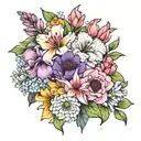 bouquet of  lily, rose, iris, hydrangea peony, and  gerber daisies tattoo design idea