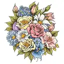 bouquet of  lily, rose, iris, hydrangea peony, and  gerber daisies tattoo design idea