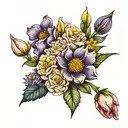 bouquet of  lily, rose, iris, hydrangea peony, and  gerber daisies tattoo design idea