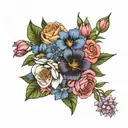 bouquet of  lily, rose, iris, hydrangea peony, and  gerber daisies tattoo design idea