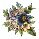 bouquet of  lily, rose, iris, hydrangea peony, and  gerber daisies tattoo design idea