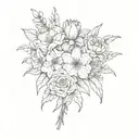 bouquet of  lily, rose, iris, hydrangea peony, and  gerber daisies tattoo design idea