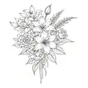 bouquet of  lily, rose, iris, hydrangea peony, and  gerber daisies tattoo design idea