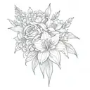 bouquet of  lily, rose, iris, hydrangea peony, and  gerber daisies tattoo design idea