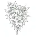 bouquet of  lily, rose, iris, hydrangea peony, and  gerber daisies tattoo design idea