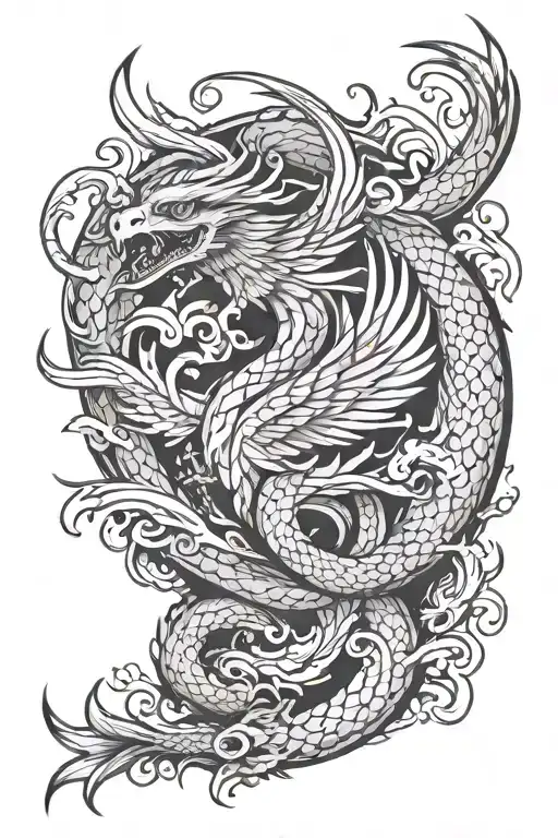 Phoenix and snake in battle japanese style with cherrie blosom and flames of fire tattoo design idea
