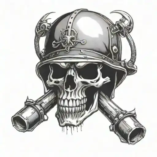skull shaped welding hood with crossed torches behind it tattoo design idea