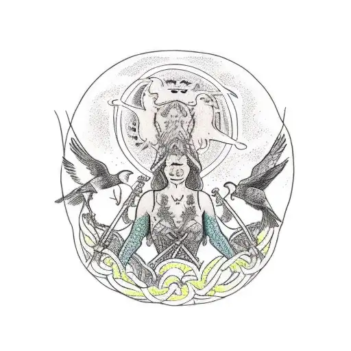 three norns in front of yggdrasil with two crows flying over tattoo design idea
